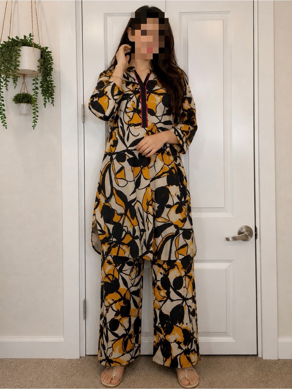 Limelight Beige Kurta Set with Black & Mustard Floral Print